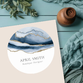 Pegatina Redonda Elegante Abstracto Navy Blue Agate Gold Watercolor