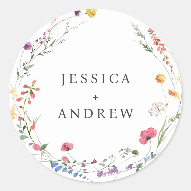 Pegatina Redonda Elegante acuarela Boda de flores silvestres (Anverso)