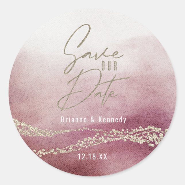 Pegatina Redonda Elegante acuarela Borgoña y oro Salven la fecha (Anverso)