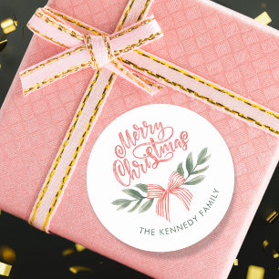 Pegatina Redonda Elegante acuarela Bow Pink Merry Christmas