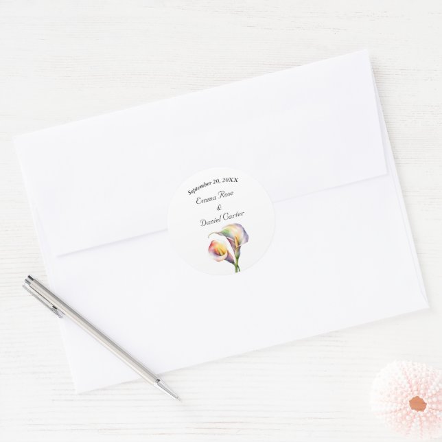 Pegatina Redonda Elegante acuarela Calla Lilies Romántico Floral (Sobre)