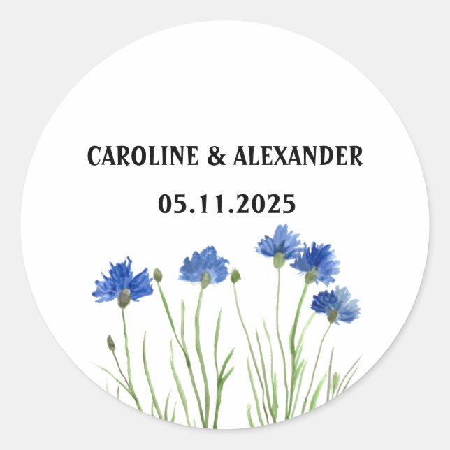 Pegatina Redonda Elegante acuarela Cornflowers Boda de flores silve (Anverso)