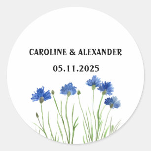Pegatina Redonda Elegante acuarela Cornflowers Boda de flores silve