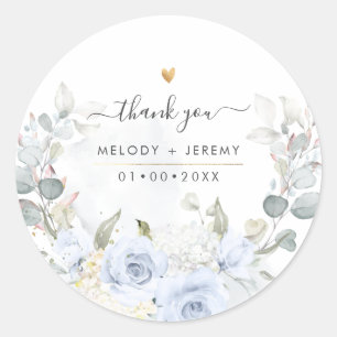Pegatina Redonda Elegante acuarela Dusty Blue Rosas Gracias