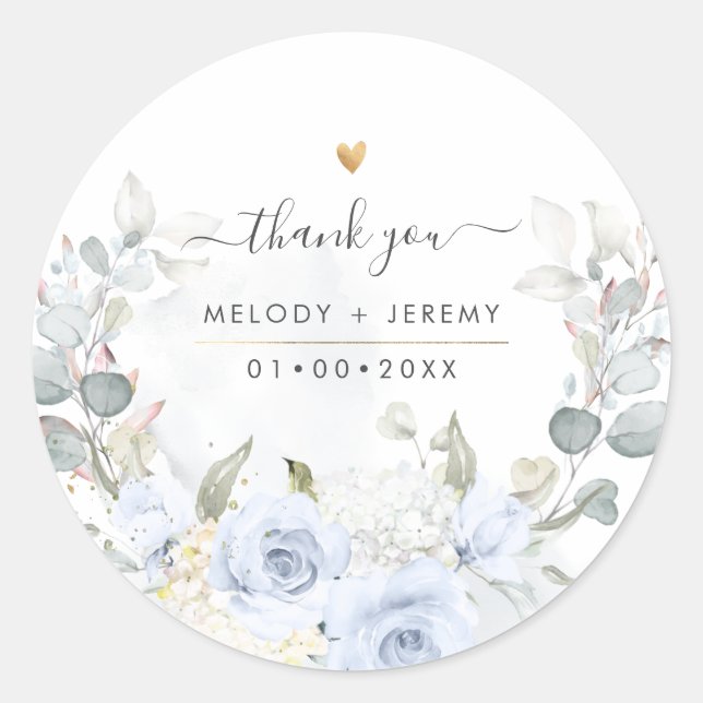 Pegatina Redonda Elegante acuarela Dusty Blue Rosas Gracias (Anverso)