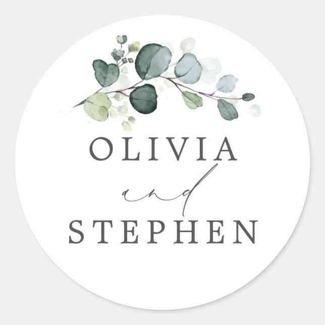 Pegatina Redonda Elegante acuarela Eucalyptus Greenery Boda (Anverso)