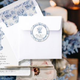 Pegatina Redonda Elegante acuarela floral azul y Baby Shower blanco