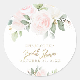Pegatina Redonda Elegante acuarela floral dorada ducha de novia