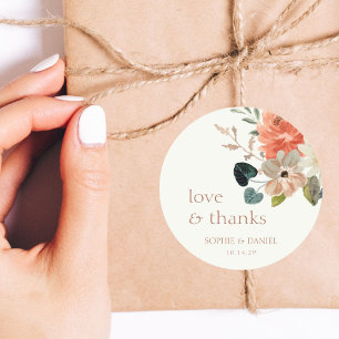 Pegatina Redonda Elegante acuarela floral Pareja Boda Gracias