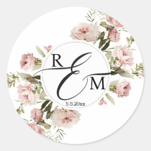 Pegatina Redonda elegante acuarela floral rosas monograma boda
