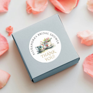 Pegatina Redonda Elegante acuarela Floral Teacup Gold Gracias