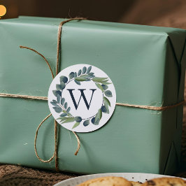 Pegatina Redonda Elegante acuarela Foliage Wreath Monograma