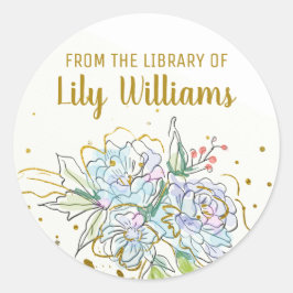 Pegatina Redonda Elegante acuarela Gold Floral Library