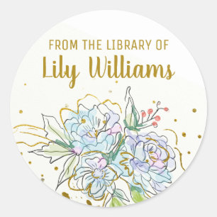 Pegatina Redonda Elegante acuarela Gold Floral Library