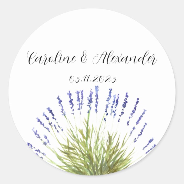 Pegatina Redonda Elegante acuarela hierbas de lavanda Boda floral (Anverso)
