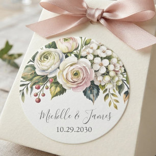 Pegatina Redonda Elegante acuarela Hortensia Rosa Floral Boda