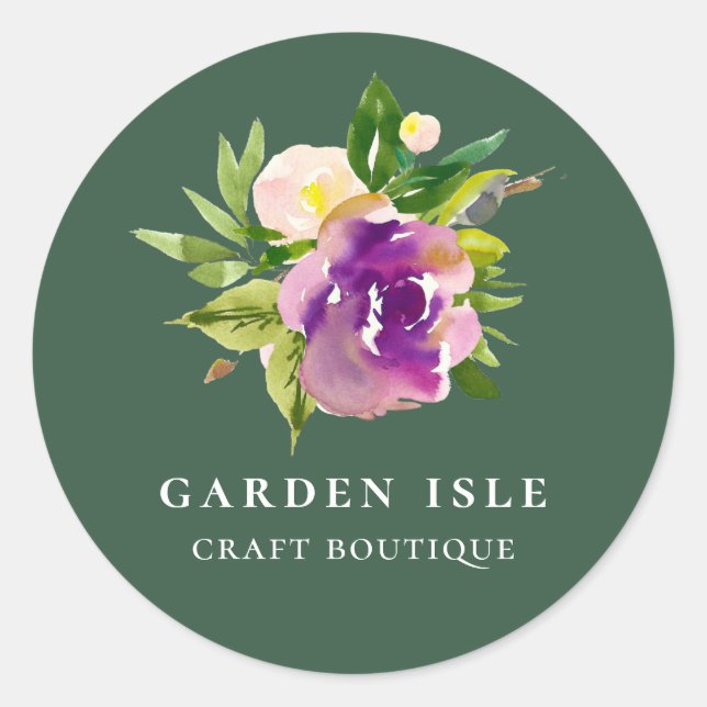 Pegatina Redonda Elegante acuarela Morado Floral Verde (Anverso)