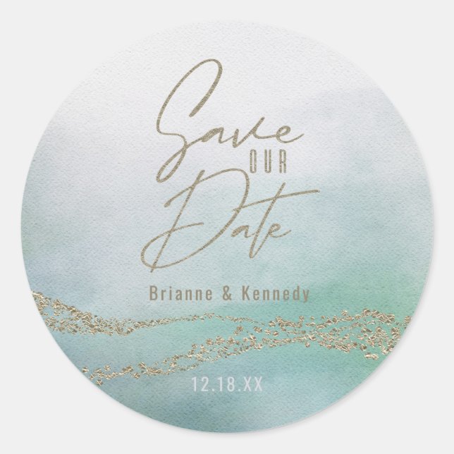 Pegatina Redonda Elegante acuarela Ocean Aqua & Gold Salven la fech (Anverso)