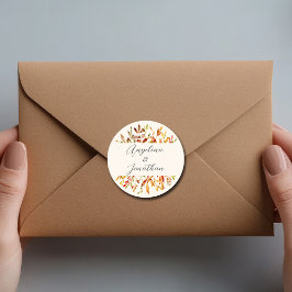 Pegatina Redonda Elegante acuarela otoño deja matrimonio personaliz