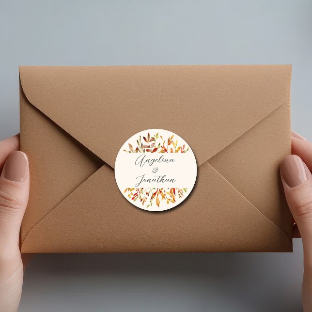 Pegatina Redonda Elegante acuarela otoño deja matrimonio personaliz (Subido por el creador)
