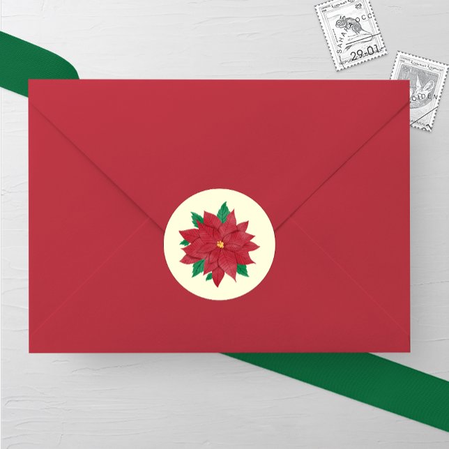 Pegatina Redonda Elegante acuarela Poinsettia Boda de Invierno (Subido por el creador)