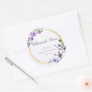 Pegatina Redonda Elegante acuarela Purple Floral Boda Gracias