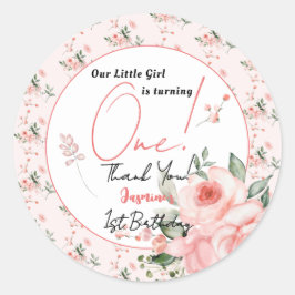 Pegatina Redonda Elegante acuarela Rosa Chica Rosa Rosa Primer cump