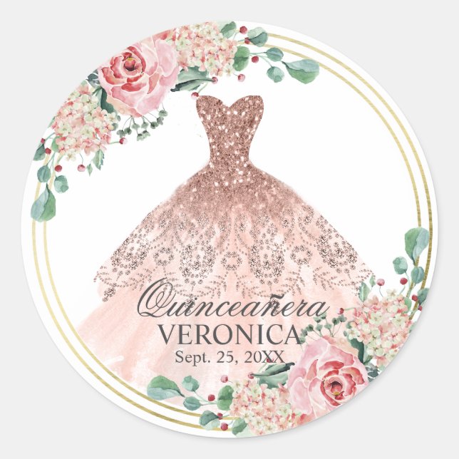 Pegatina Redonda Elegante acuarela Rosa Española Quinceañera Quince (Anverso)