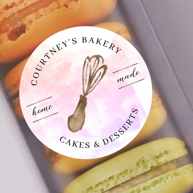 Pegatina Redonda Elegante acuarela rosa y panadería Purpurina de or (Elegant pink watercolor  packaging stickers for chefs, caterers, bakers alike)