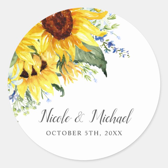 Pegatina Redonda Elegante acuarela Sunflowers Boda personalizada (Anverso)