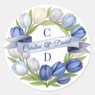 Pegatina Redonda Elegante acuarela Tulip Wreath Boda Marfil Azul