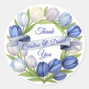Pegatina Redonda Elegante acuarela Tulip Wreath Boda Marfil Azul