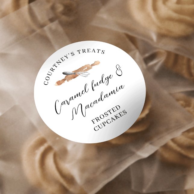 Pegatina Redonda Elegante acuarela Whisk Pastry Cupcakes Cookies (Elegant bakery stickers featuring rolling pin and whisk graphics)