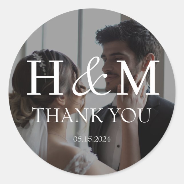 Pegatina Redonda Elegante Agradecimiento de Boda con Foto y Monogra (Anverso)