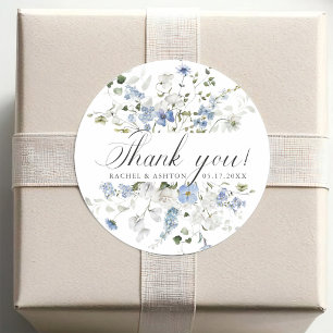 Pegatina Redonda Elegante agradecimiento de boda floral azul blanco