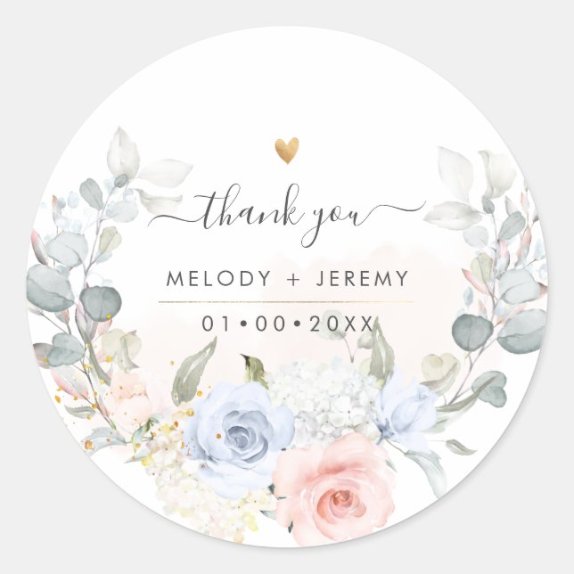 Pegatina Redonda Elegante Agradecimiento en Acuarela en Azul Polvo  (Anverso)