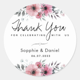 Pegatina Redonda Elegante agradecimiento floral en acuarela rosa
