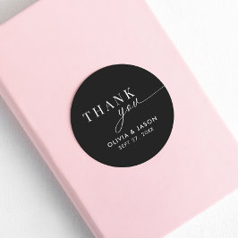 Pegatina Redonda Elegante Ampersand y Boda Blanco Negro Gracias