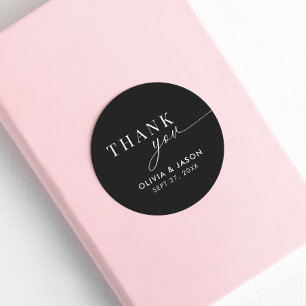 Pegatina Redonda Elegante Ampersand y Boda Blanco Negro Gracias