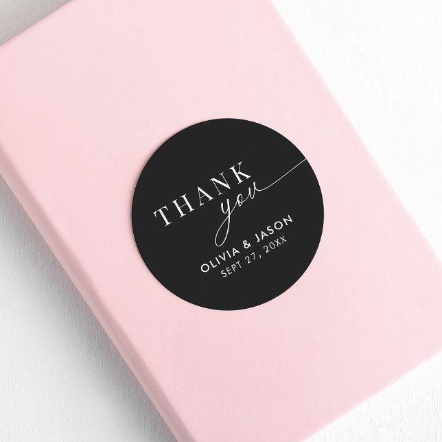 Pegatina Redonda Elegante Ampersand y Boda Blanco Negro Gracias (Subido por el creador)