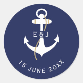 Pegatina Redonda Elegante Ancla Iniciales Bodas Náuticos
