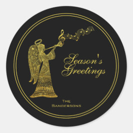 Pegatina Redonda Elegante Ángel de Oro sobre Navidades negros