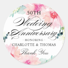 Pegatina Redonda Elegante Aniversario Boda de acuarela floral rosa