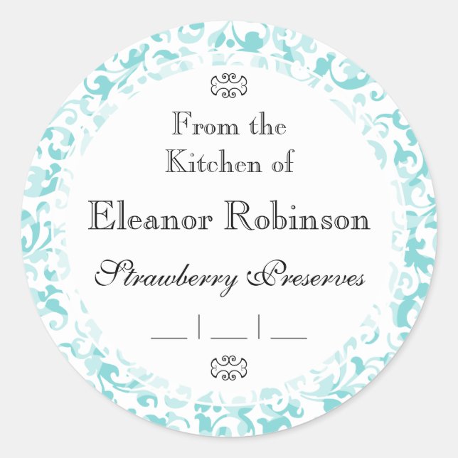 Pegatina Redonda Elegante Aqua Verde azulada Damask Swirl Scrolls (Anverso)