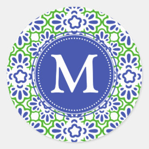 Pegatina Redonda Elegante árabe Damask azul y verde personalizado