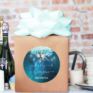 Pegatina Redonda Elegante árbol de corazón de hoja azul boda GUARDA