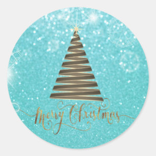 Pegatina Redonda Elegante árbol de Navidad azul Purpurina