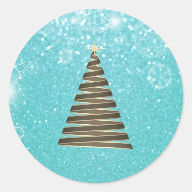 Pegatina Redonda Elegante árbol de Navidad azul Purpurina (Anverso)