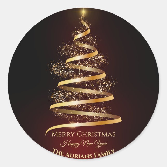 Pegatina Redonda Elegante árbol de Navidad dorado con luz brillante (Anverso)