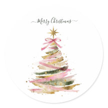 Elegante árbol de Navidad en acuarela rosa y dorad